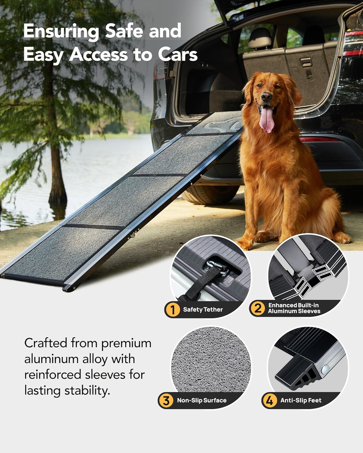 Dog Car Ramp with Non-Slip Rug Surface